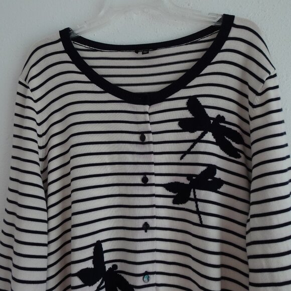 Talbots Dragonfly Cardigan Sweater Women's Plus Size 3X Black White Stripe - Picture 3 of 8